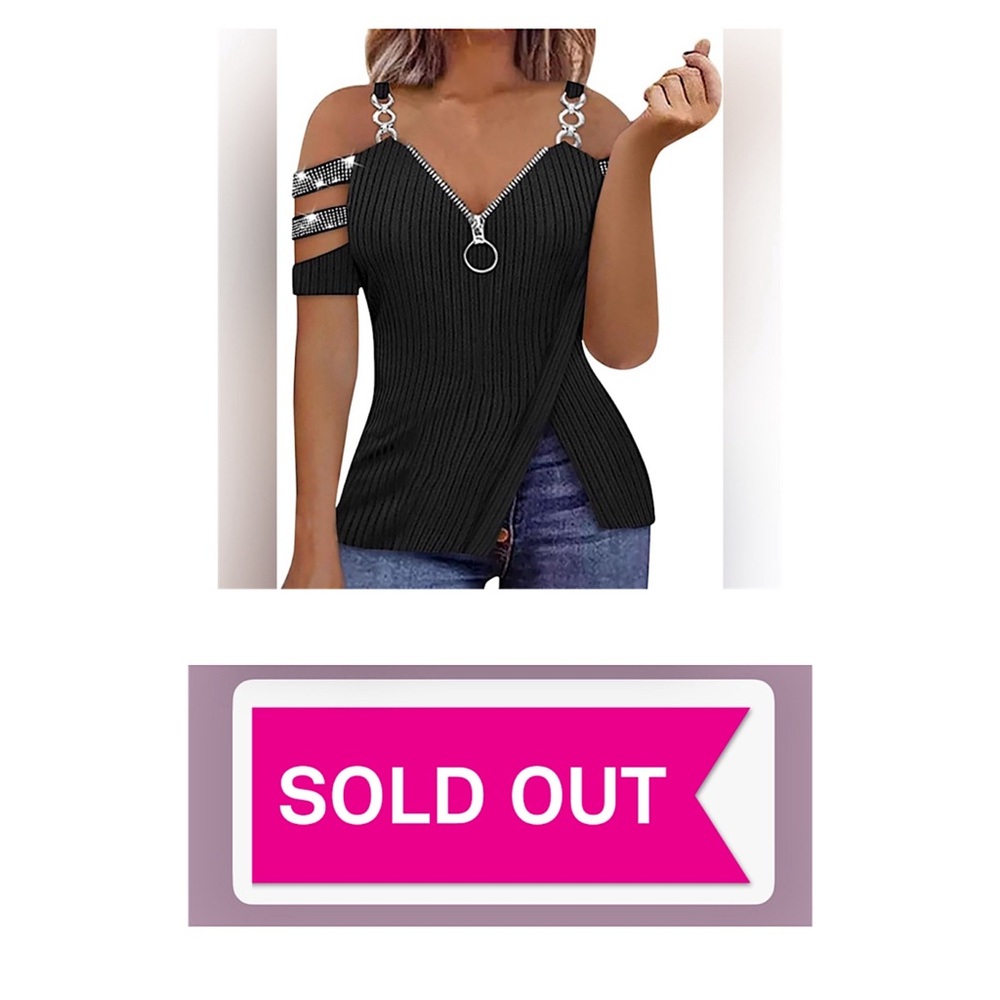 Sexy V-Neck Black Cold Shoulder Ribbed Knit Top with V Slit at Waist, size S M L - Picture 1 of 14